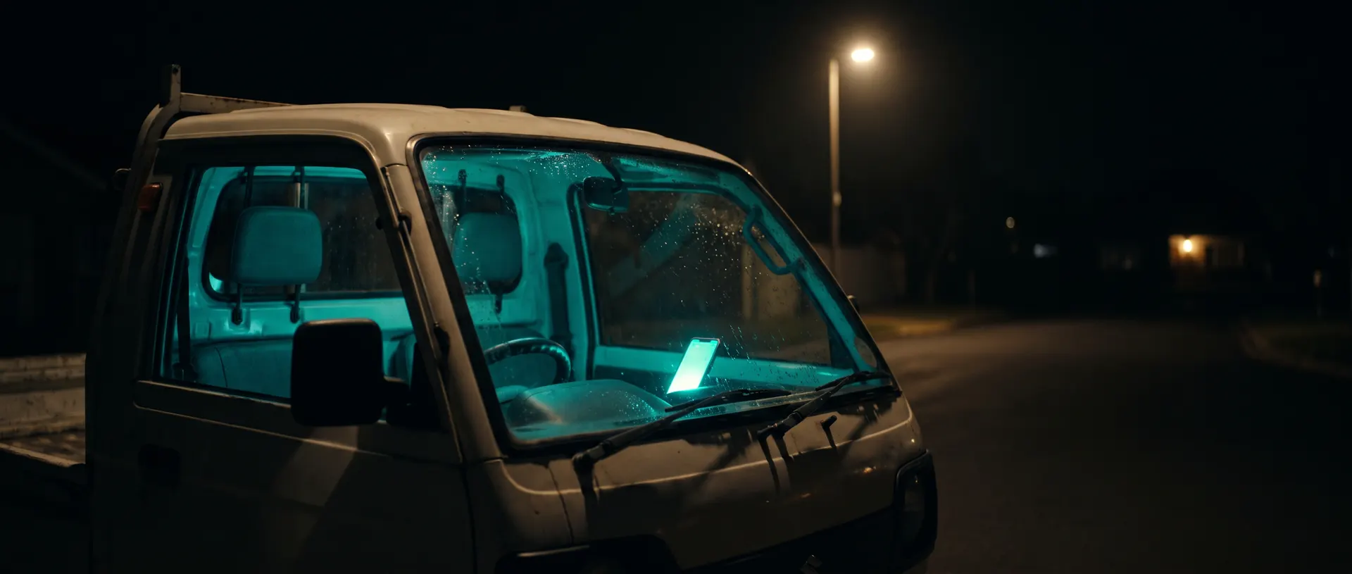 A tradesman's van parked on a suburban street after dark, headlights on, on the way to a job booked minutes earlier