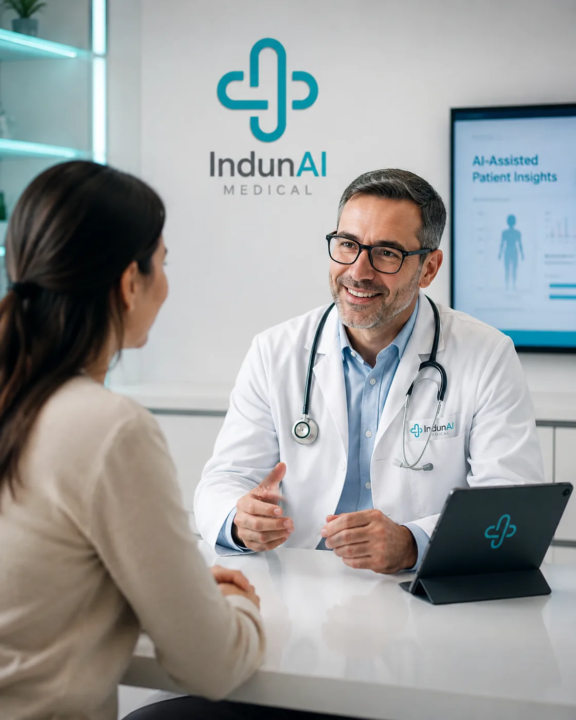 A practitioner in consultation at the fictional IndunAI Medical practice