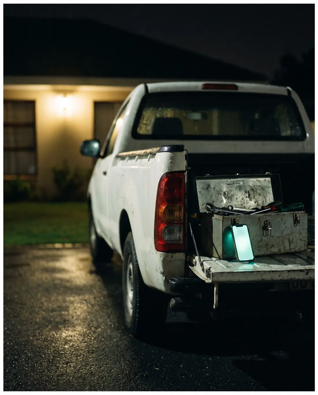 A plumber's bakkie at night, a phone glowing on the toolbox