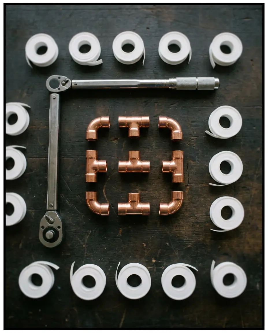 Copper fittings and a torque wrench laid out precisely on
        charcoal steel