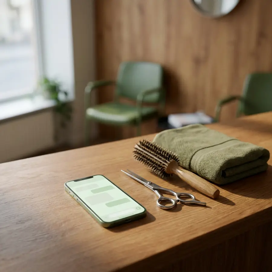 A salon reception counter — a phone with a chat
open beside scissors, a brush and a folded olive towel