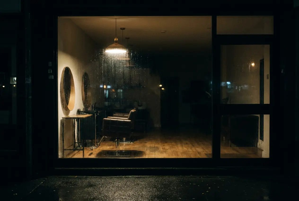 A salon at night seen from the street — one warm light over an
      empty styling chair